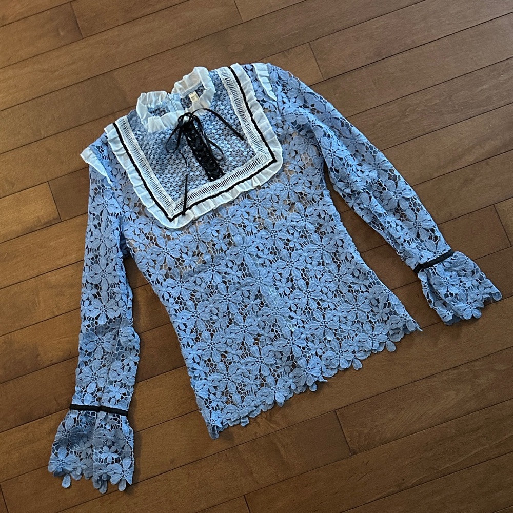 Zara Blue Floral Lace Blouse with Ruffle Trim